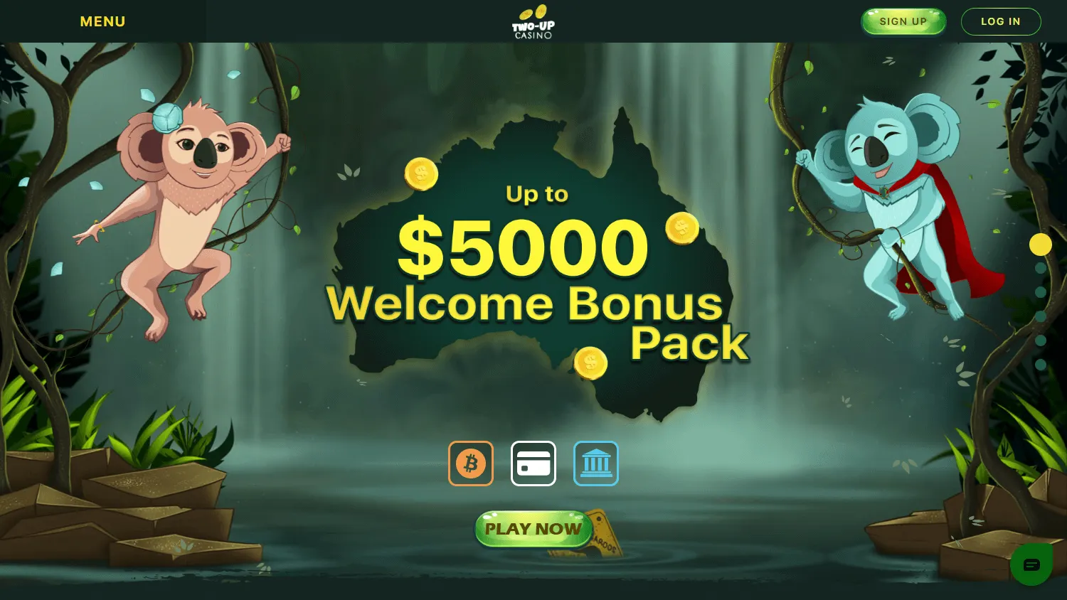 Two Up Casino desktop home screen with casino account and welcome offer