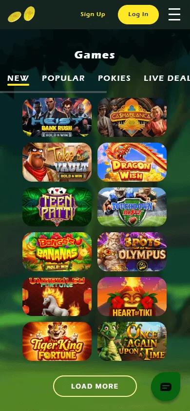 Two Up Casino mobile games area with casino categories
