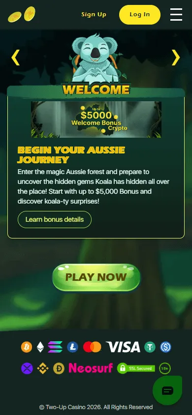 Two Up Casino mobile promotions area with bonus and free-spin offers