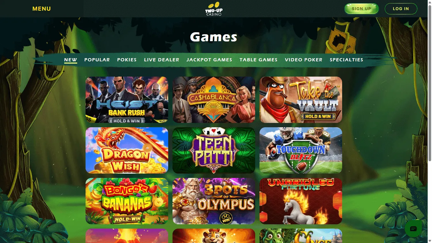 Two Up Casino desktop games area with pokies and casino categories