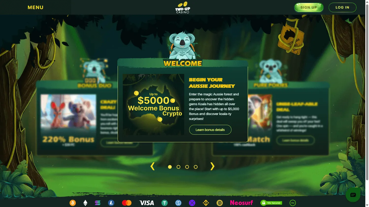 Two Up Casino desktop promotions area with bonuses and free spins